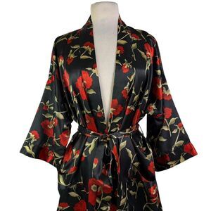 Vintage Dark Romance Boho Black Satin Kimono Robe Red Rose Floral Print One Size